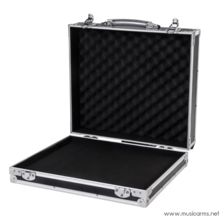 Open metal flight case with black foam interior designed for protective transport of equipment, showing egg-crate lid padding and latches. ขายราคาพิเศษ