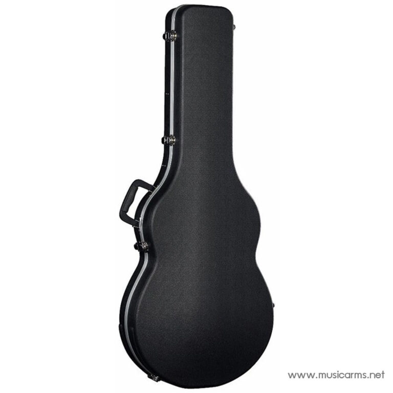 Black hard guitar case shaped like an acoustic guitar, standing upright with a handle and latches visible on the side. ขายราคาพิเศษ