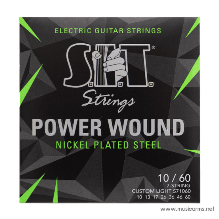 D'ADDARIO Power Wound electric guitar strings, nickel-plated steel, gauge 10–60 for a 7-string guitar, shown on a black geometric package with green accents. ขายราคาพิเศษ