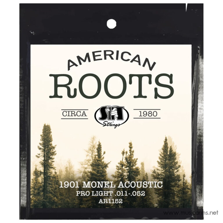 Guitar string package labeled American Roots by SIT, with forest illustration and '1901 MONEL ACOUSTIC' text on a cream label. ขายราคาพิเศษ