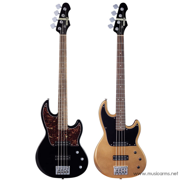 Studio shot of two electric bass guitars side by side on a white background: one black with tortoiseshell pickguard, one gold with black pickguard. ขายราคาพิเศษ