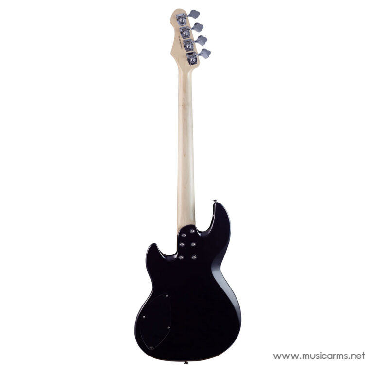 Back view of a black electric guitar with a natural wood neck and headstock, showing tuning pegs and back control cavity cover on white background ขายราคาพิเศษ