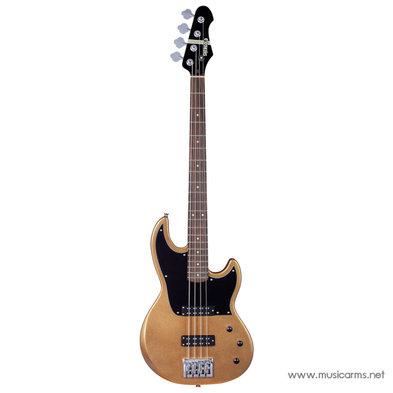 Gold electric bass guitar with a black pickguard and maple neck on a white background, front view. ขายราคาพิเศษ