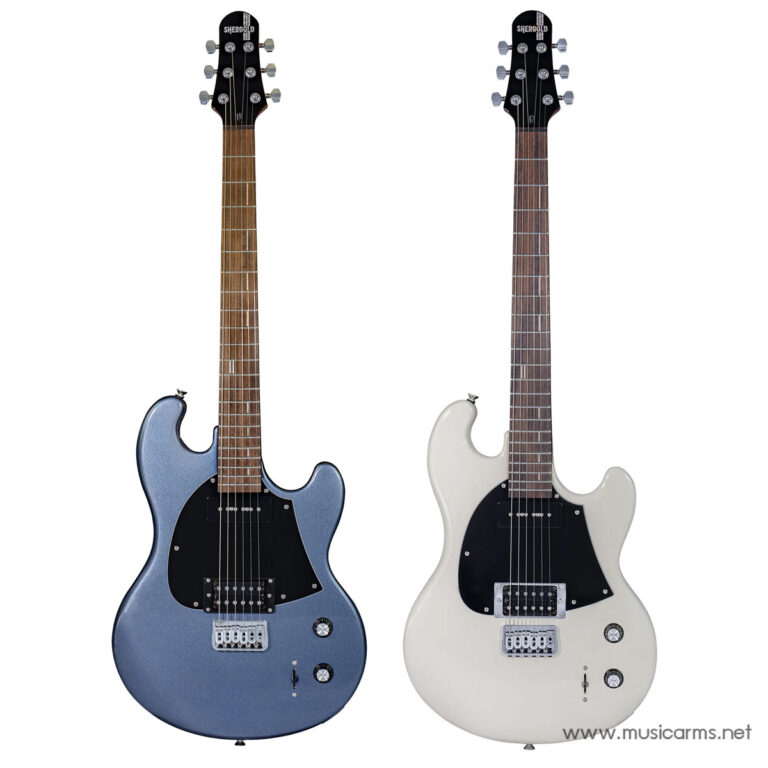 Two Shergold electric guitars, blue metallic and white, with black pickguards, shown front-facing side by side. ขายราคาพิเศษ