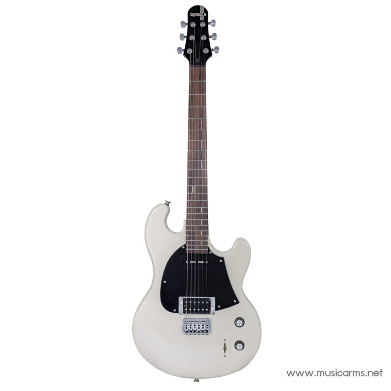 White solid-body electric guitar with a black pickguard and chrome bridge, headstock shows 'Shergold' branding, single-cutaway design ขายราคาพิเศษ