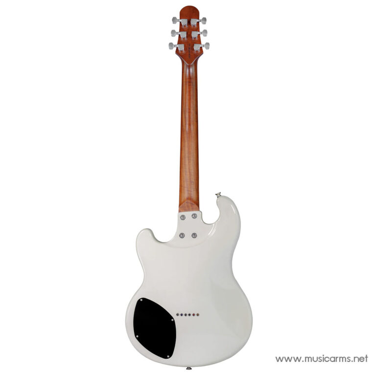 Back view of a white electric guitar with a brown neck and chrome tuners, showing a black rear plate and bridge area. ขายราคาพิเศษ