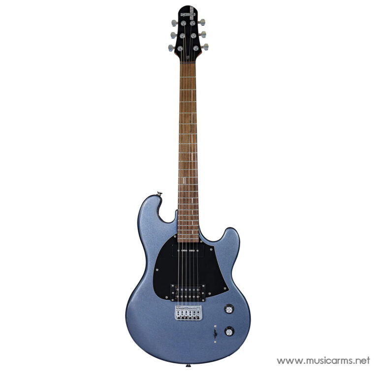 Blue metallic electric guitar with a black pickguard, maple neck, and chrome hardware photographed upright on a white background. ขายราคาพิเศษ
