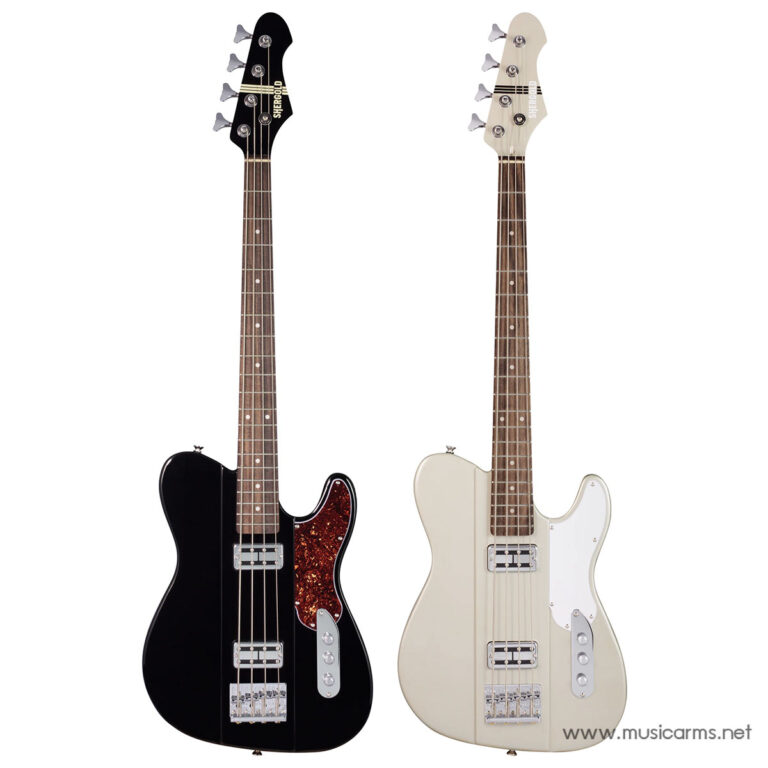 Two electric bass/ guitars standing upright side by side: a black bass with a tortoiseshell pickguard on the left and a cream-colored guitar with a white pickguard on the right, both with metal hardware and brown fretboards. ขายราคาพิเศษ