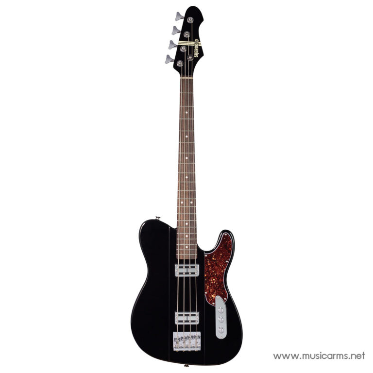 Black electric bass guitar with a red tortoiseshell pickguard, two pickups, and chrome hardware on a black body. ขายราคาพิเศษ