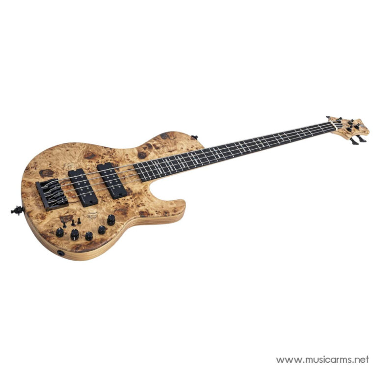 Five-string electric bass guitar with a natural burl wood body, black pickups, and control knobs on a white background. ขายราคาพิเศษ
