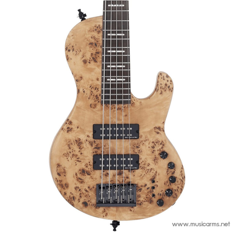 Five‑string electric bass guitar with a natural burl wood body, black pickups, and multiple knobs. ขายราคาพิเศษ