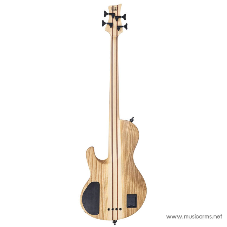 Back view of a natural wood four-string bass guitar with striped neck, black control plate, and bottom cavity cover ขายราคาพิเศษ