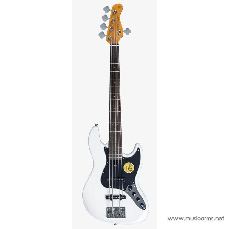 White electric bass guitar with a black pickguard and a Marcus Miller headstock, against a light background with a yellow sticker on the body. ขายราคาพิเศษ