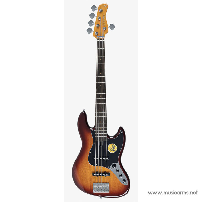 Electric bass guitar in a sunburst finish with a black pickguard and four strings, featuring a Marcus Miller headstock and a yellow circular sticker on the body, shown upright against a light background. ขายราคาพิเศษ