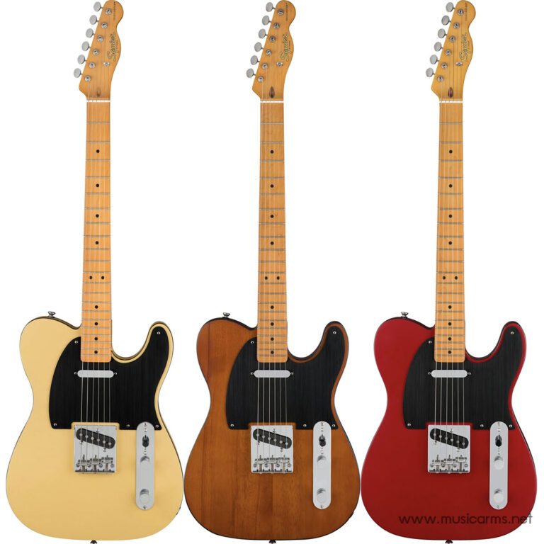Three Tele-style electric guitars in cream, sunburst, and red finishes, each with maple necks, black pickguards, and chrome hardware. ขายราคาพิเศษ