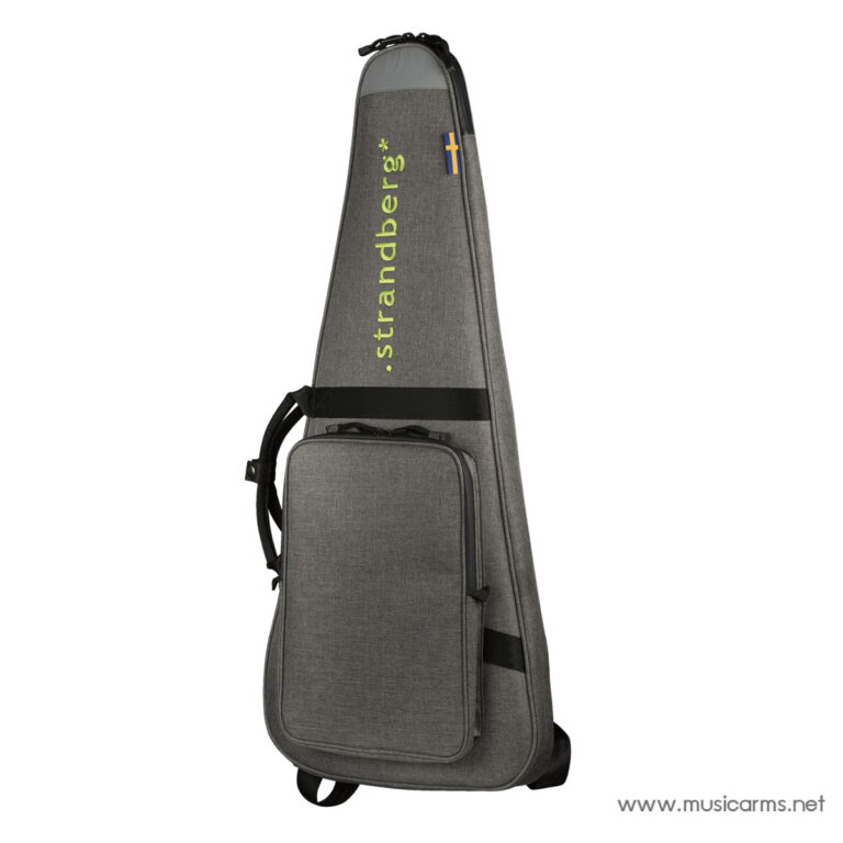 Grey soft guitar case standing upright with a large front pocket, carrying strap, and wheels; lime-green 'strandberg' branding and a small Swedish flag patch on the side ขายราคาพิเศษ