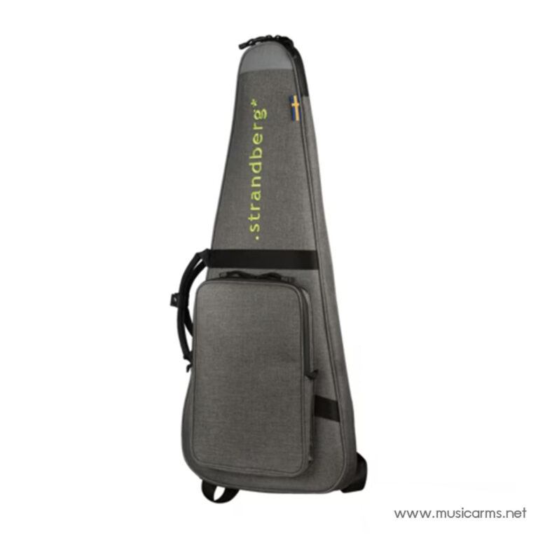Grey soft guitar case with wheels and backpack straps, featuring a vertical green 'strandberg' logo and a small Swedish flag patch. ขายราคาพิเศษ