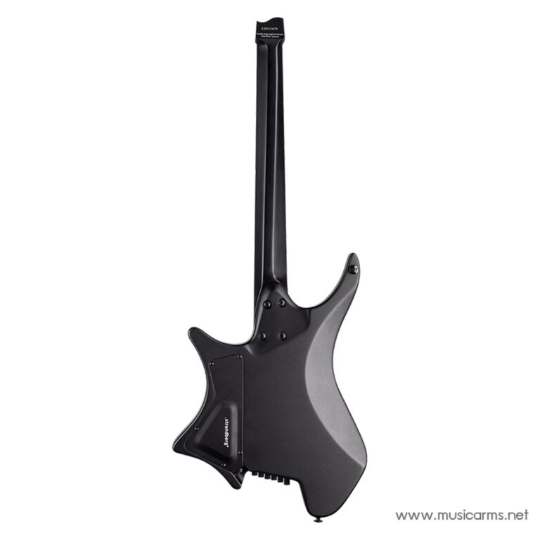 Rear view of a black solid-body electric guitar with a long neck and angular body contours, showing the back plate and trem cavity cover (musicarms.net). ขายราคาพิเศษ