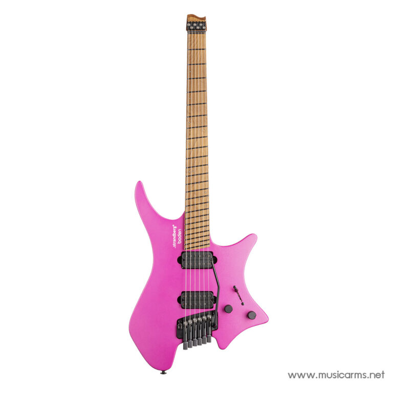 Pink electric guitar with a maple neck, two black pickups, and a floating tremolo bridge on a white background ขายราคาพิเศษ