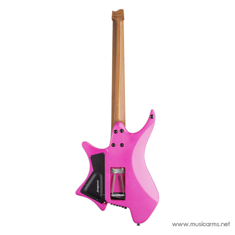 Back view of a vivid pink solid-body electric guitar with a wooden neck; exposed bridge and rear cavities. ขายราคาพิเศษ