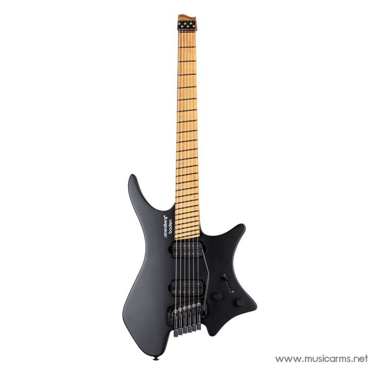 Black electric guitar with a maple neck and a sleek, angular body featuring two humbucker pickups and a modern tremolo bridge. ขายราคาพิเศษ
