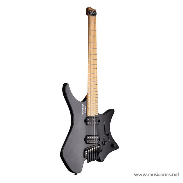 Dark gray electric guitar with a maple neck and black hardware, shown at an angle with six strings. ขายราคาพิเศษ