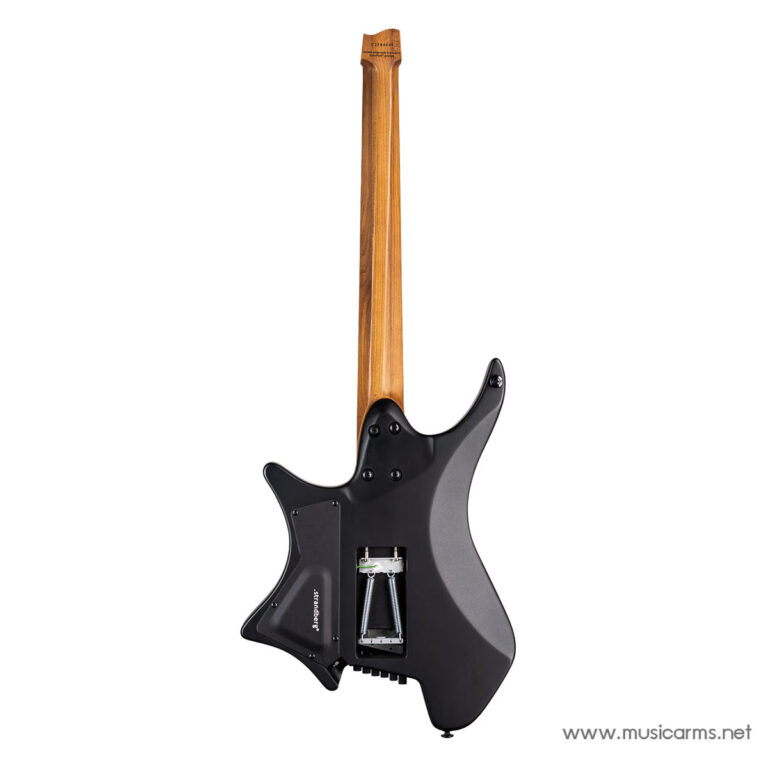 Back view of a black solid-body electric guitar with a wooden maple neck and exposed trem cavity cover removed, seen from the rear. ขายราคาพิเศษ