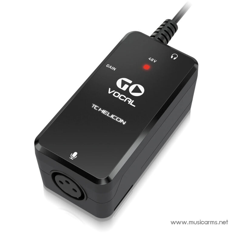 Black vocal processor device with GO Vocal by TC Helicon, featuring a front microphone input and a red status LED on top ขายราคาพิเศษ