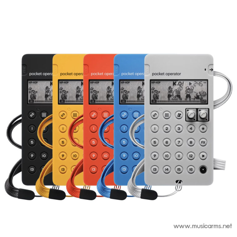 Six Pocket Operator handheld music synthesizers in a rainbow lineup (black, yellow, orange, red, blue, gray) with attached cords. ขายราคาพิเศษ