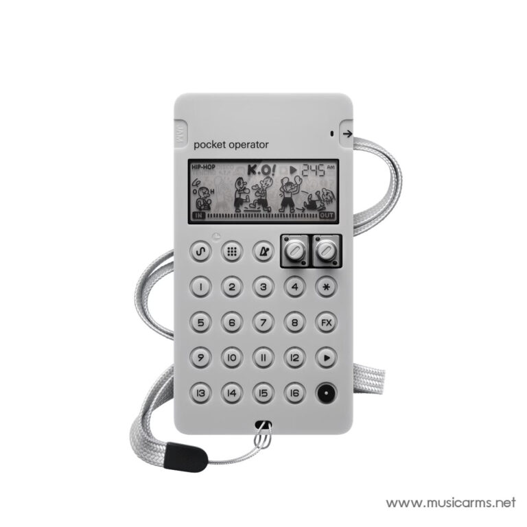 Pocket Operator: small gray handheld music synthesizer with a numeric keypad and cartoon display, shown with a wrist strap. ขายราคาพิเศษ