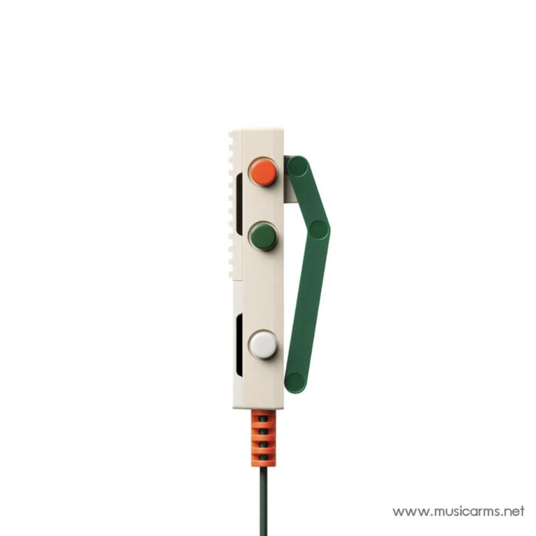 LEGO-style switch with red and green push buttons and a green lever attached to a white brick, cord extending downward. ขายราคาพิเศษ