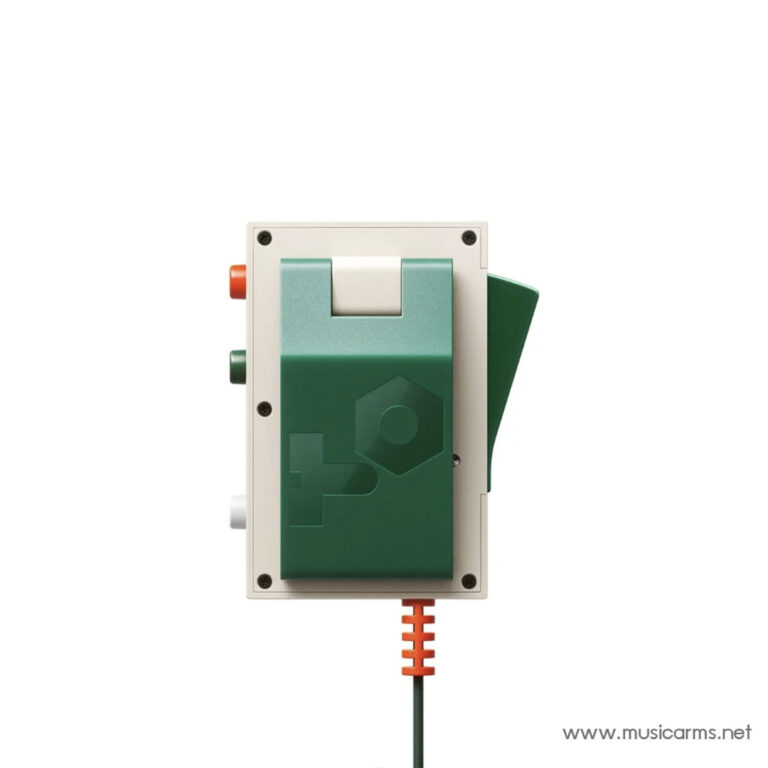 Close-up of a green, rectangular electronic module mounted on a white panel, with orange and green side knobs and a cable plugged in at the bottom, used as a music instrument control component. ขายราคาพิเศษ