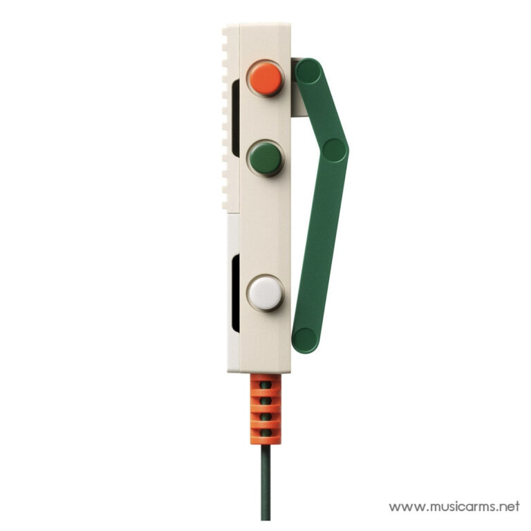 Side view of a beige LEGO-style pedal with orange top button and green button, and a green hinged lever, connected to an orange-wrapped cable ขายราคาพิเศษ