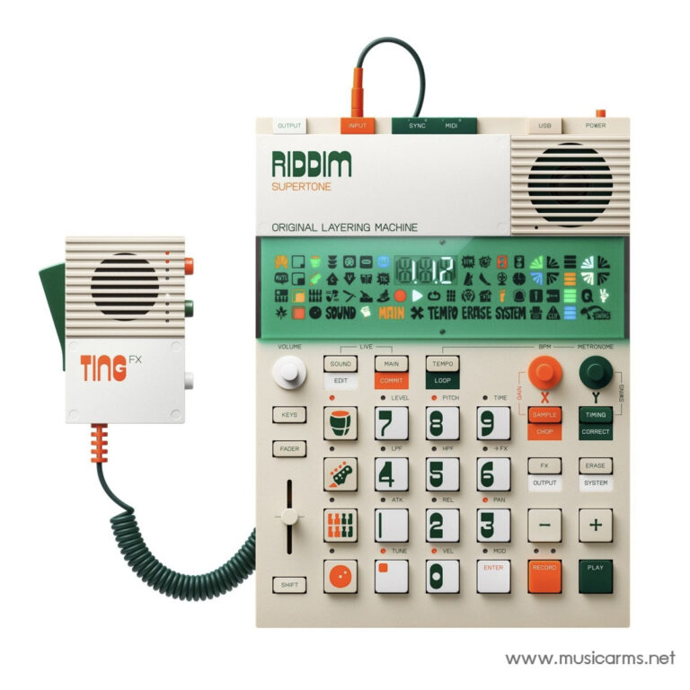 Vintage electronic music device: the RIDDIM Supertone layering machine with a green display and beige keypad connected to a Ting FX unit. ขายราคาพิเศษ