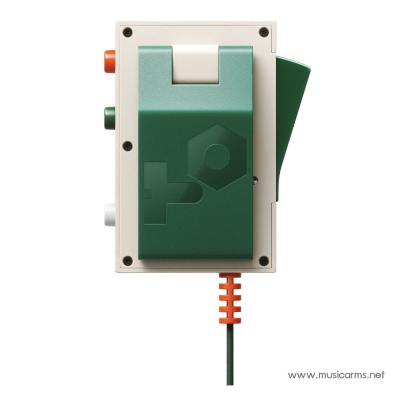 Green modular switch device mounted on a beige panel, with a white roller at the top and an orange cord trailing downward, from musicarms.net. ขายราคาพิเศษ
