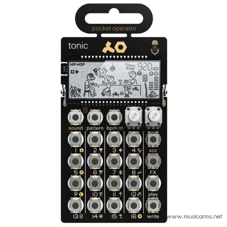 Pocket operator handheld music device with a grid of circular pads, screen showing doodles, and a black body for beat making. ขายราคาพิเศษ