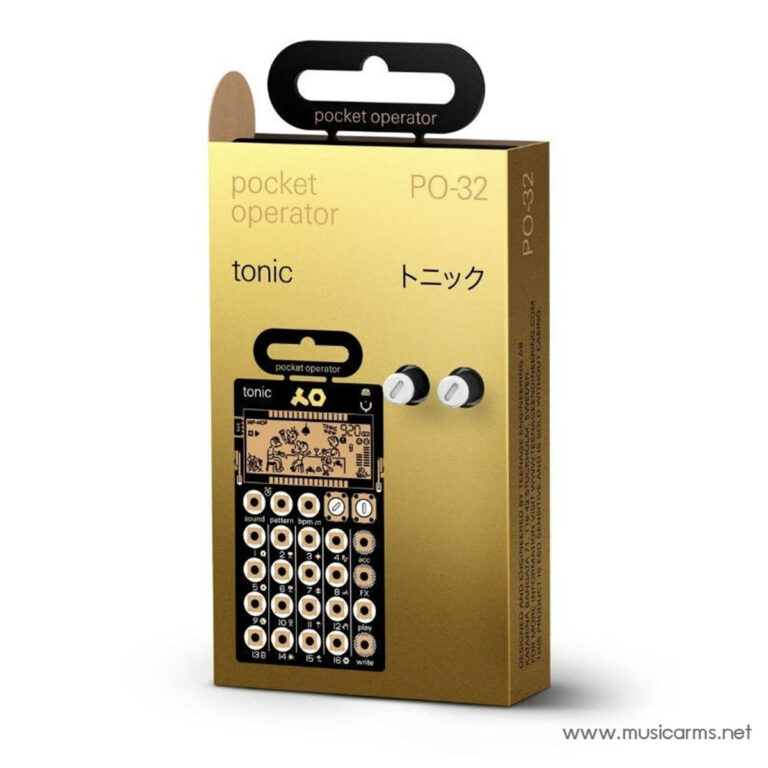 Gold packaging for the Pocket Operator PO-32 Tonic synthesizer, showing the device image with knobs on the front and the words 'pocket operator' and 'tonic' on the box. ขายราคาพิเศษ