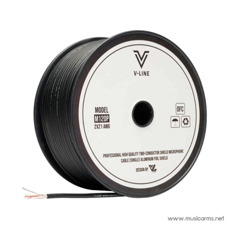 Spool of V-Line M120P two-conductor microphone cable, 2x21 AWG, with stripped ends visible at left. ขายราคาพิเศษ