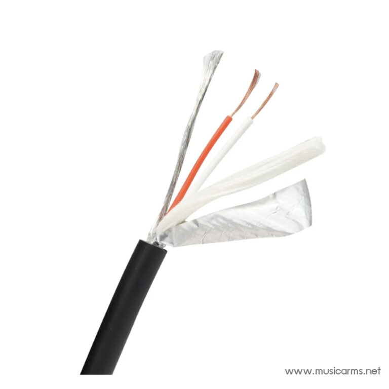 Cross-section of a shielded audio cable revealing braided shield, red and white insulated conductors, and foil/wrap. ขายราคาพิเศษ