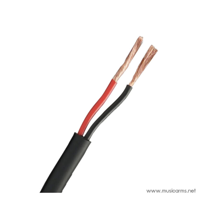 Two-core speaker wire with red and black insulated conductors and exposed copper ends. ขายราคาพิเศษ