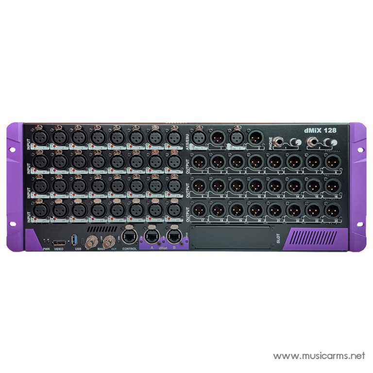 Rear view of a dMIX 128 mixer rack showing numerous XLR input/output connectors and purple end panels ขายราคาพิเศษ