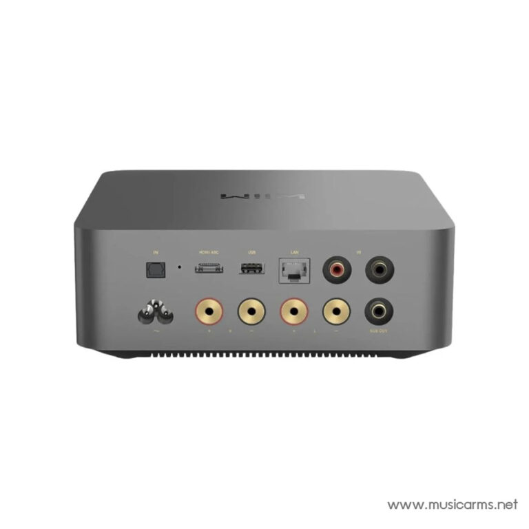 Rear view of a compact gray audio amplifier showing input ports: HDMI ARC, USB, LAN, and red/white RCA jacks lined up on the back panel. ขายราคาพิเศษ