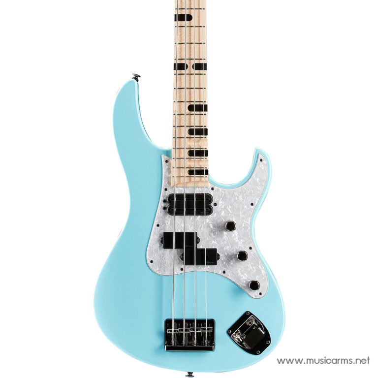 Turquoise electric bass guitar with a maple neck, four strings, and a pearloid pickguard. Chrome bridge and control knobs visible. ขายราคาพิเศษ