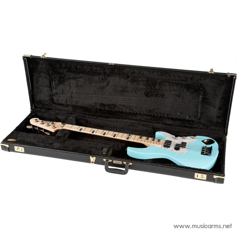 Turquoise electric bass guitar with a maple neck in an open black plush-lined hard case. ขายราคาพิเศษ