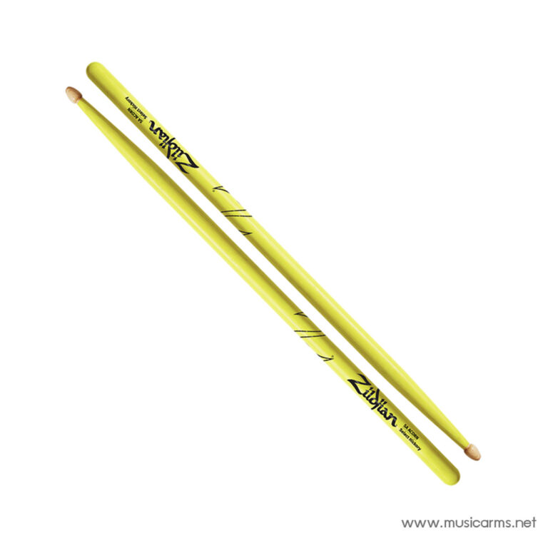 Two bright yellow drumsticks crossed diagonally with tips at opposite corners, branding visible on the sticks. ขายราคาพิเศษ