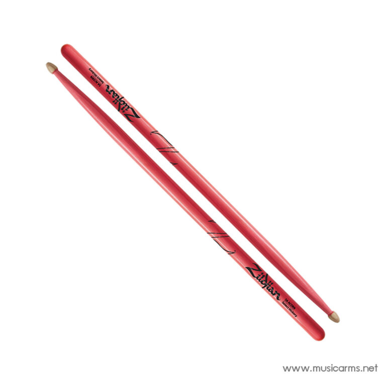 Pair of pink drumsticks with beige tips and black branding, placed diagonally on a white background. ขายราคาพิเศษ