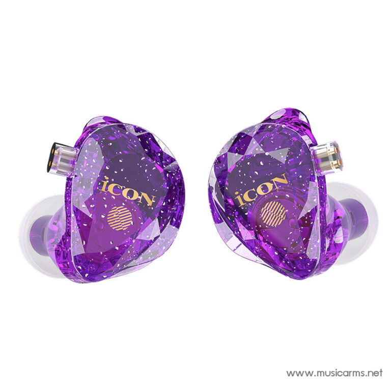 Pair of purple crystal-shaped in-ear wireless earbuds with gold ICON branding and silicone tips, shown against a white background. ขายราคาพิเศษ