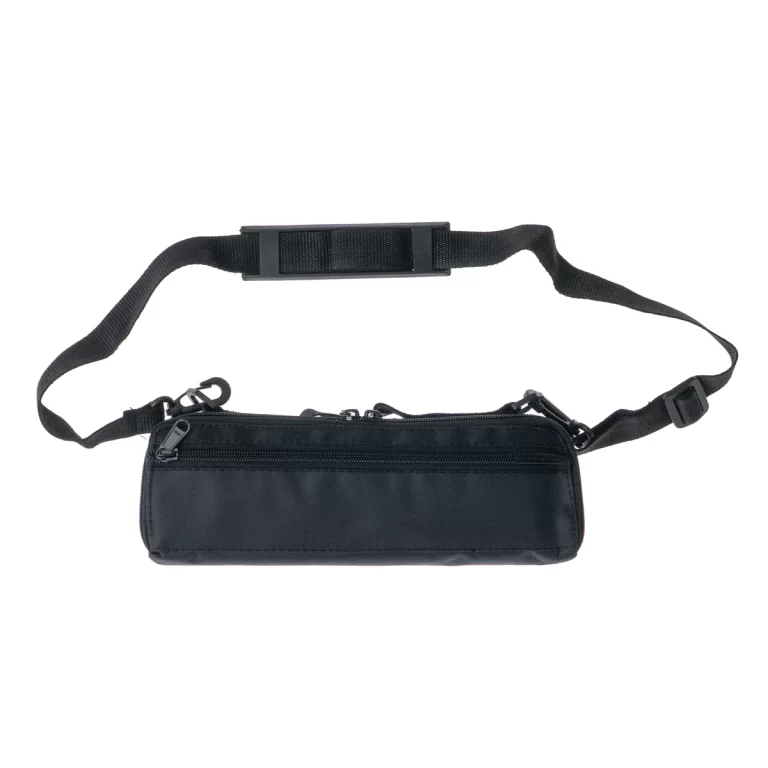 Black waist bag (fanny pack) with an adjustable strap and two zippered compartments laid flat. ขายราคาพิเศษ