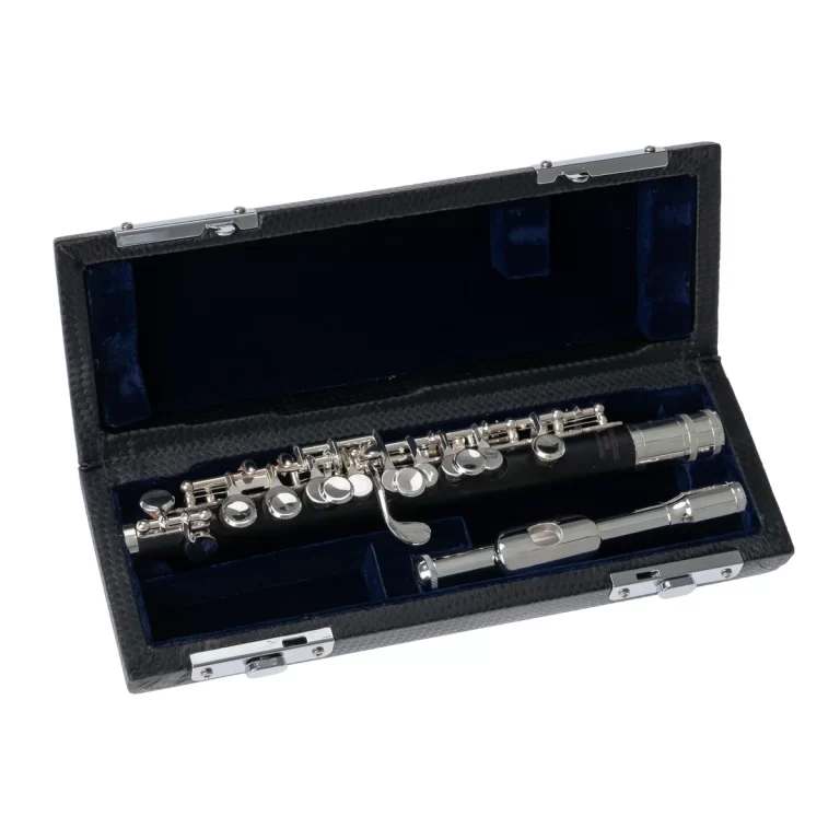 Polished silver flute in an open black textured case with blue velvet lining inside the lid and compartments. ขายราคาพิเศษ