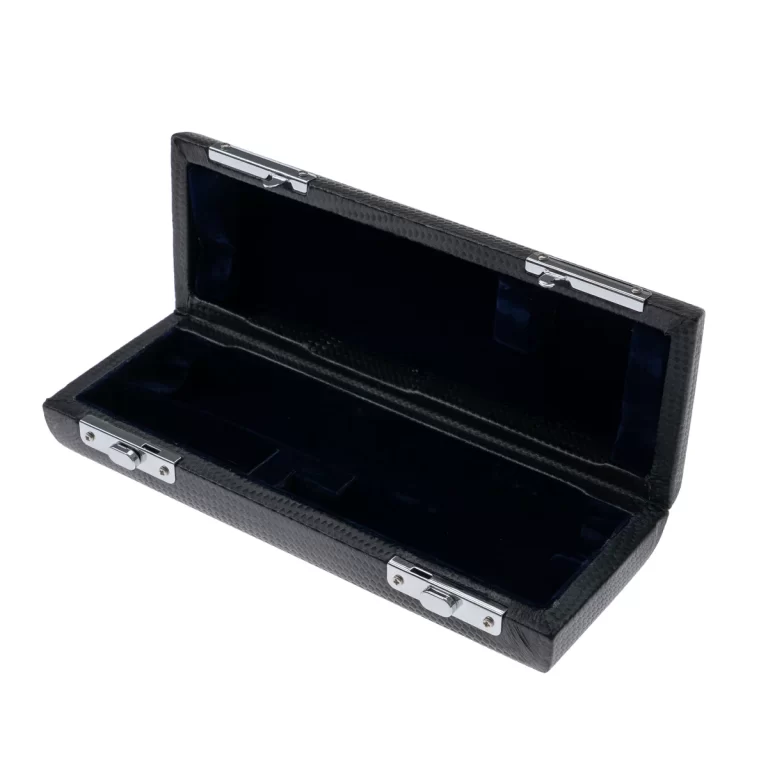 Open black textured hard case with silver latches and a dark blue velvet interior, currently empty for small items like jewelry or watches ขายราคาพิเศษ